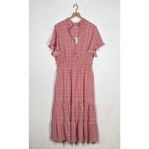 NEW Max Studio Maxi Dress Women's Plus Size 3X Red White Smocked Waist Tiered